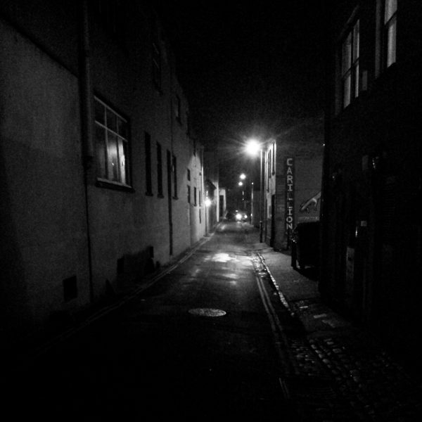 Black and white instagram view of Hampton Lane at night
