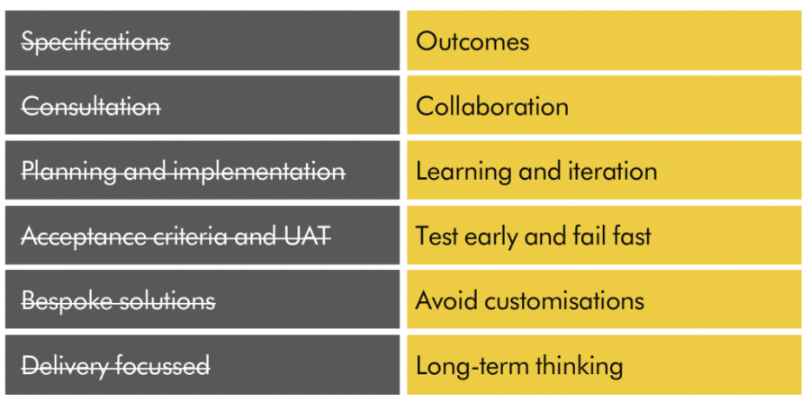 Outcomes, Collaboration, Learning and iteration,Test early and fail fast, Avoid customisations, Long-term thinking