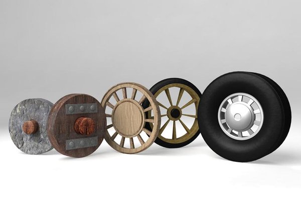Wheels through the ages, from a siimple stone wheel to a modern pneumatic road wheel.
